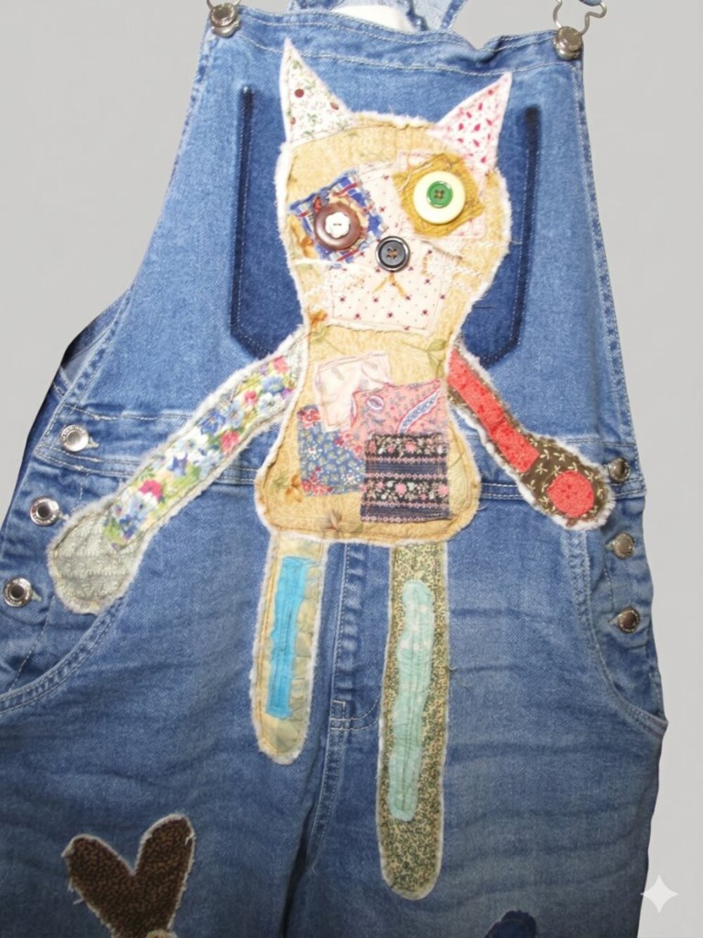 OOAK Patchwork Cat Overalls Dopamine Dressing Upcycled Denim Boho Medium - Picture 4 of 8